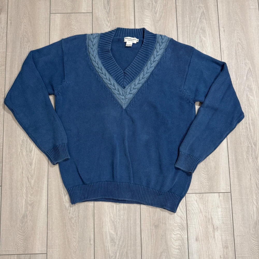 Abercrombie & Fitch Sweater Mens XL Blue V-Neck Cotton Cable Trim Vintage Style